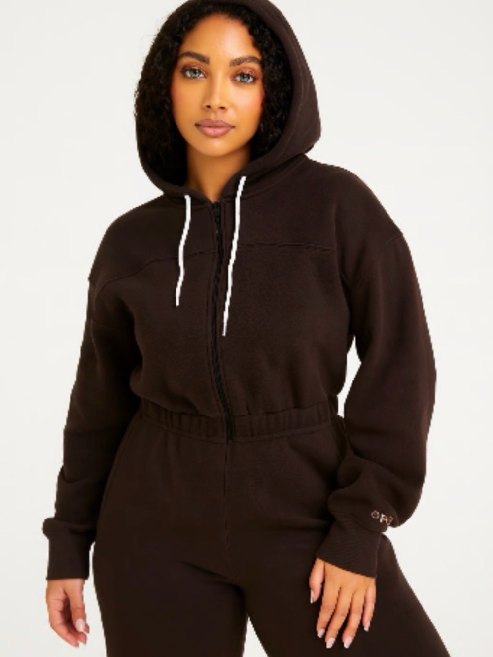 Women's Brown Hooded Zip-Front Jumpsuit